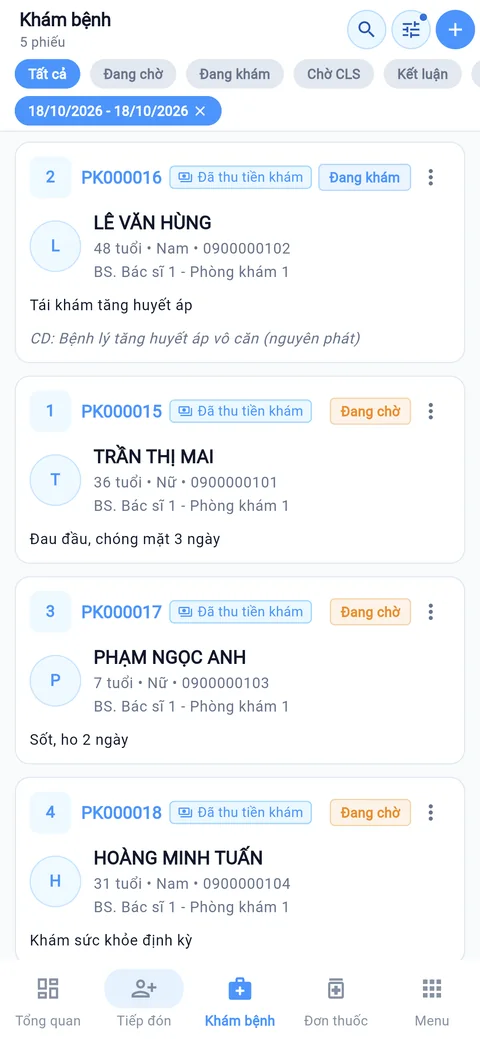 App ezMed: danh sách khám bệnh với số thứ tự, trạng thái và lý do khám